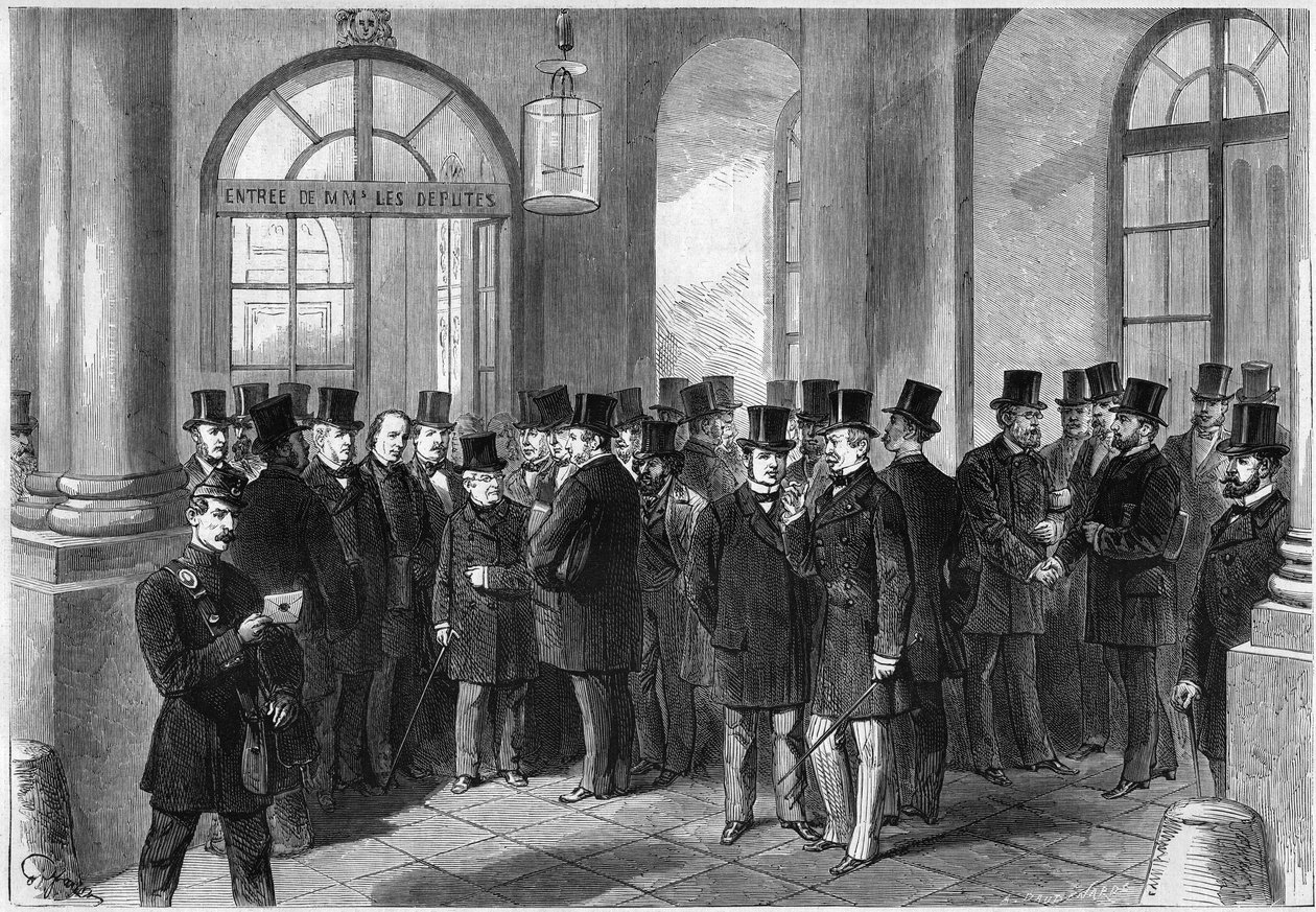 Forlengelse av presidentperioden til marechalen til Mac-Mahon (Mac Mahon), etablering av septennaten i Frankrike, november 1873: utsikt over inngangsdøren til Assembllee de Versailles, på dagen for diskusjonen om prorogasjonen. Fra venstre til høyre av French School