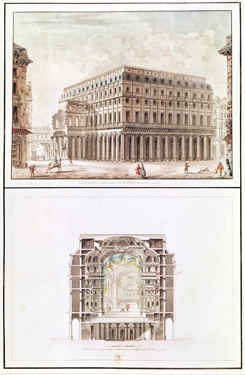 Eksteriør og tverrsnitt av interiøret til Theatre des Varietes, 6 rue de Richelieu av French School