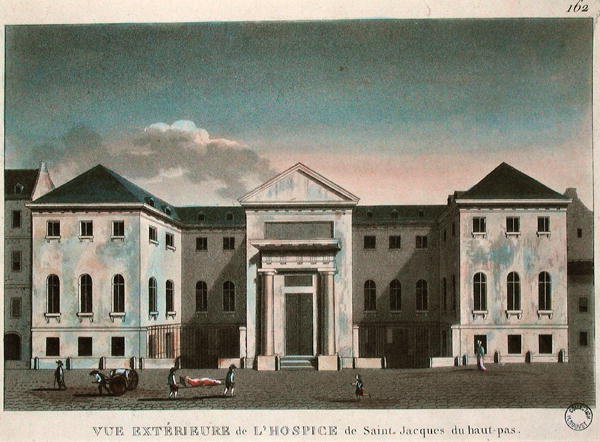 Utvendig visning av Hospice Saint-Jacques, ca. 1800 (farget gravering) av French School