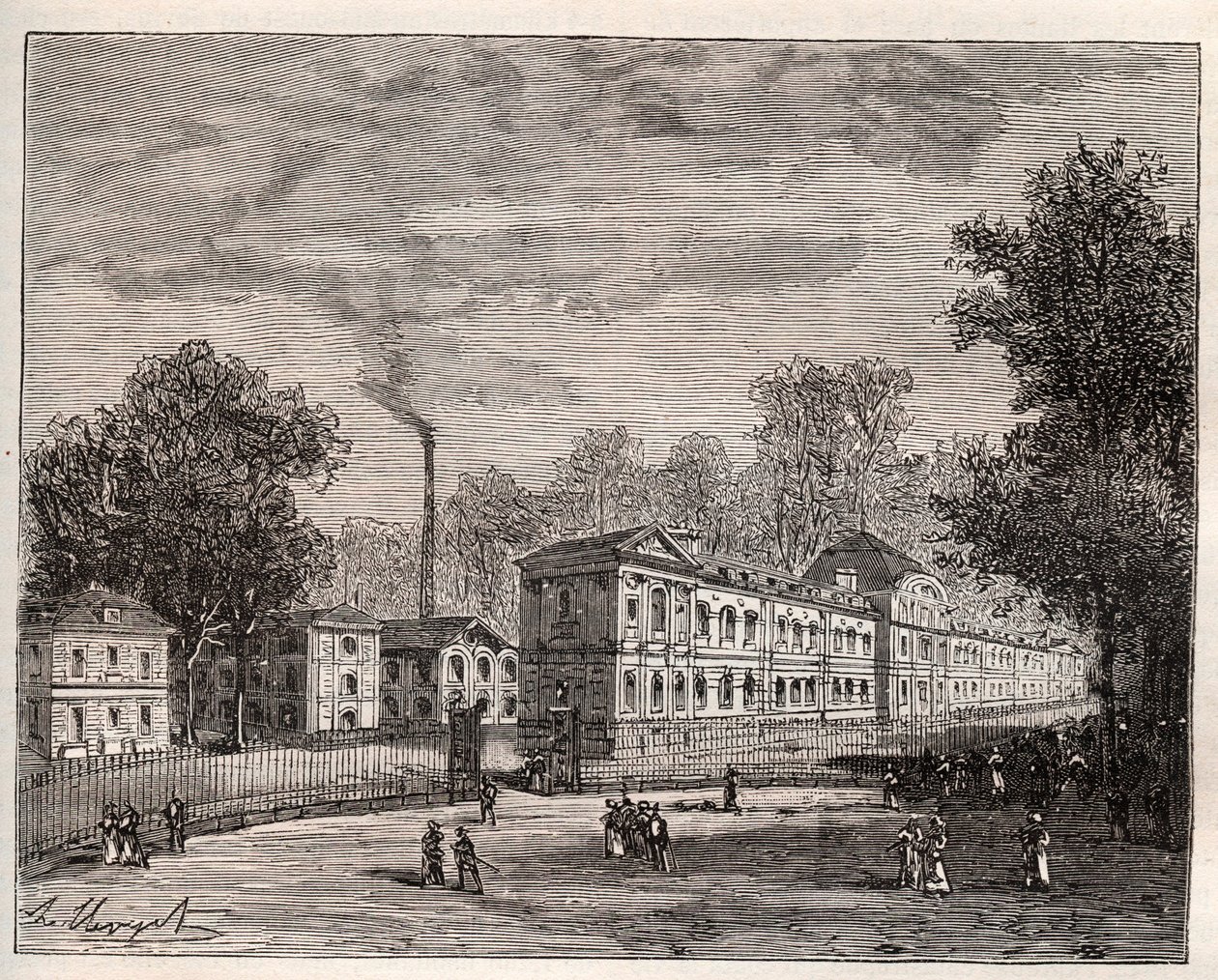 Utvendig visning av Imperiale Porselensfabrikk i Sevres, bygget i parken Saint Cloud etter planene til arkitekten Laudin - gravering i "Frankrike illustree: geografi, historie, statistisk administrasjon" av V.-A. Malt-brun. 1884 av French School