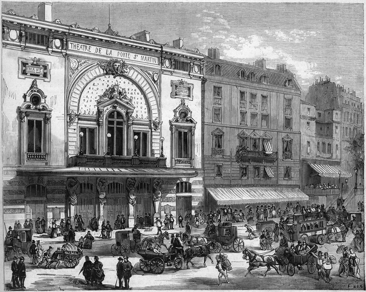 Exterior view of the Porte Saint Martin theatre in Paris, rebuilt in 1873. Engraving in “” Le Monde Illustré”” n°856 of 6 September 1873. av French School