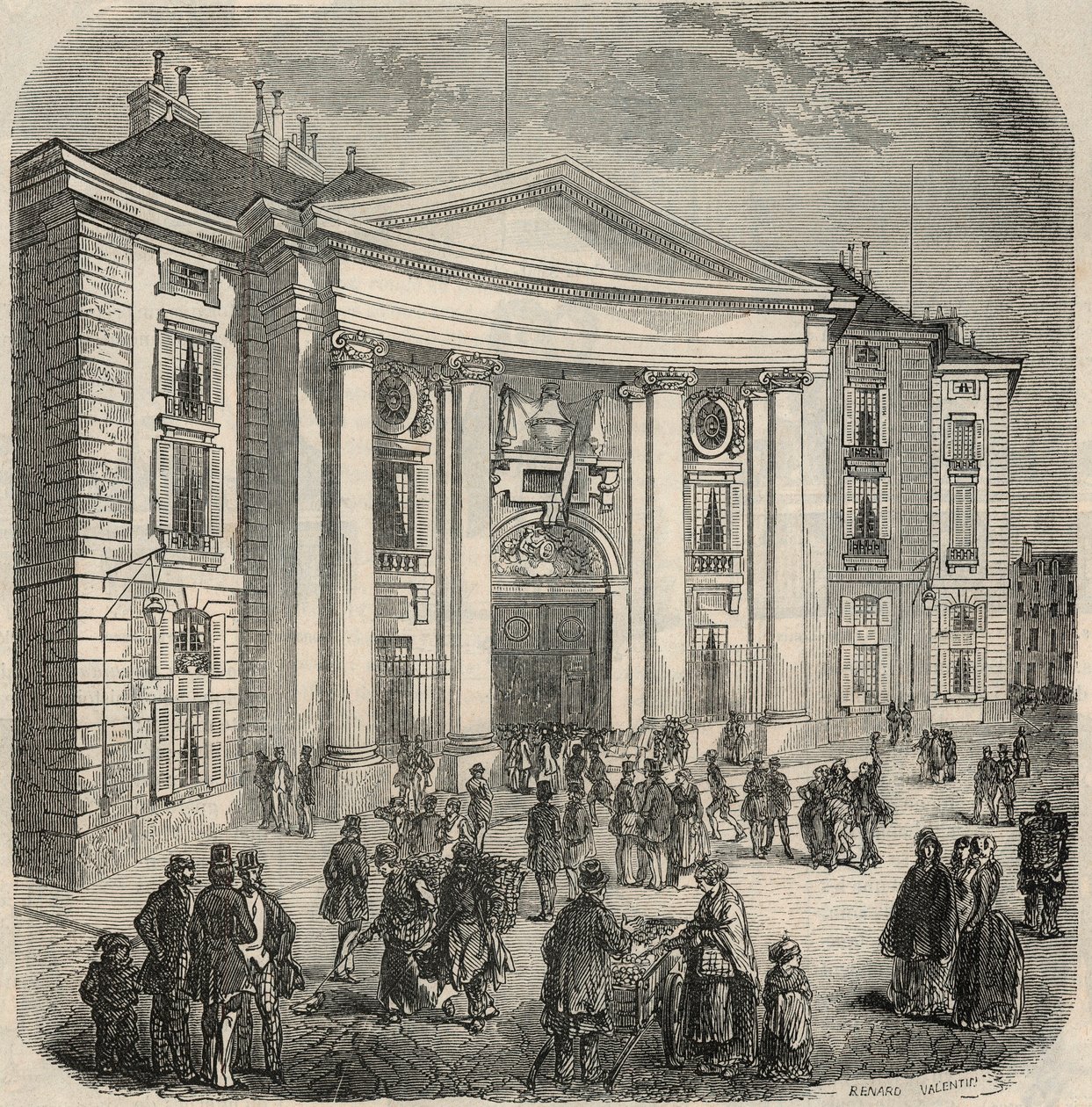 Utvendig visning av School of Law, Place du Pantheon i Paris - Gravering i "Tableau-de-Paris" av Edmond Texier 1852 av French School