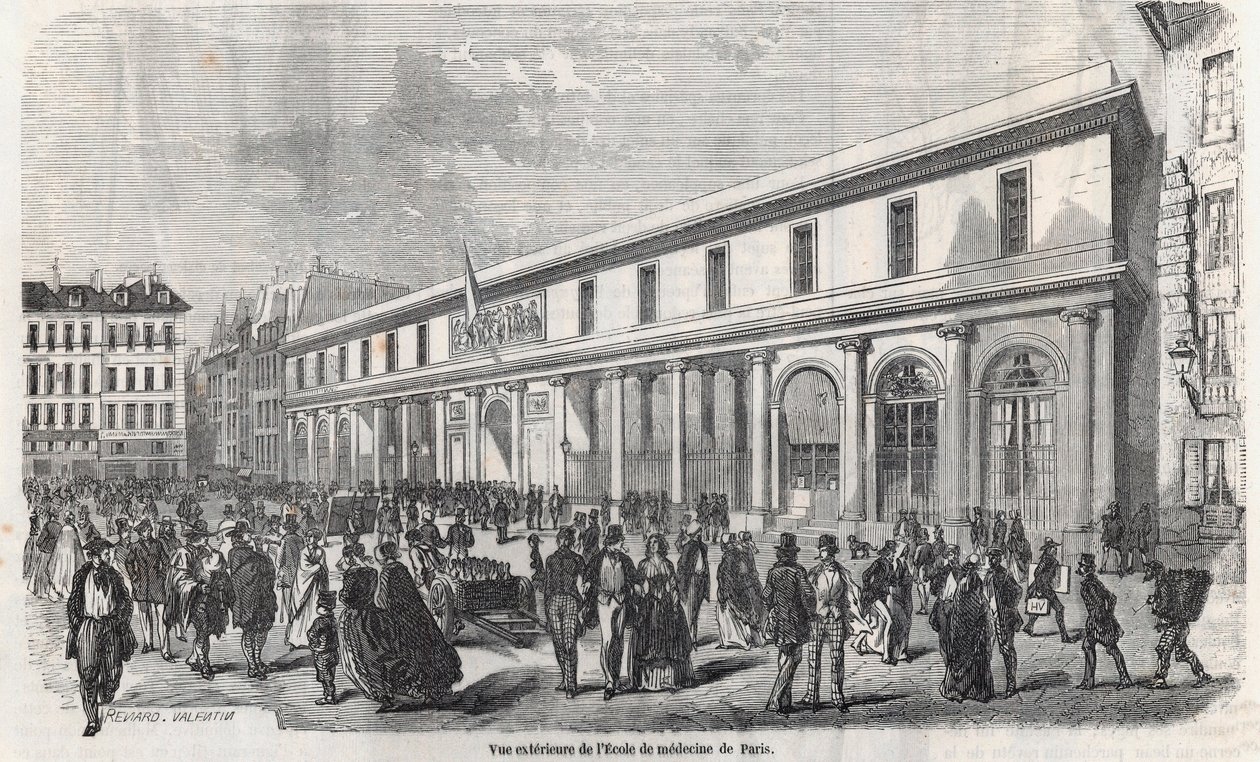Utvendig visning av School of Medicine i Paris - Gravering i "Tableau-de-Paris" av Edmond Texier 1852 av French School