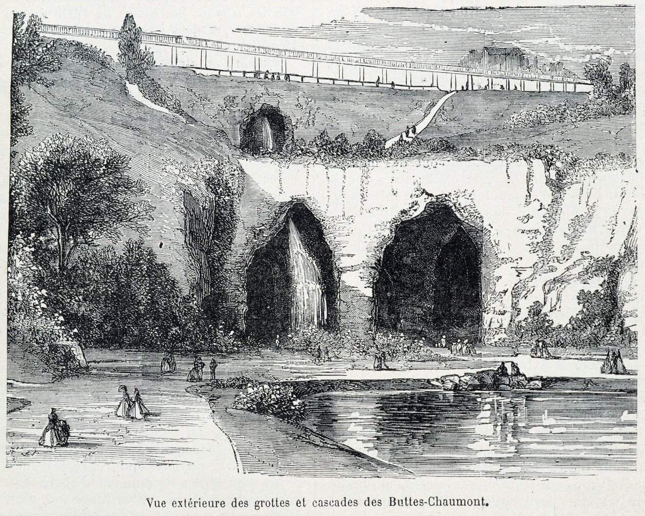 Utvendig utsikt over kaskadene og hulene i Buttes Chaumont, gravering fra 1800-tallet av French School
