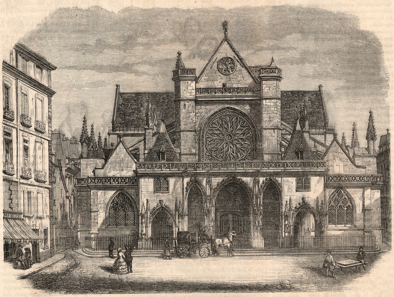 Utvendig utsikt over kirken Saint-Germain (Saint Germain) l'Auxerrois i Paris - Gravering i "Tableau-de-Paris"" av Edmond Texier 1852 av French School