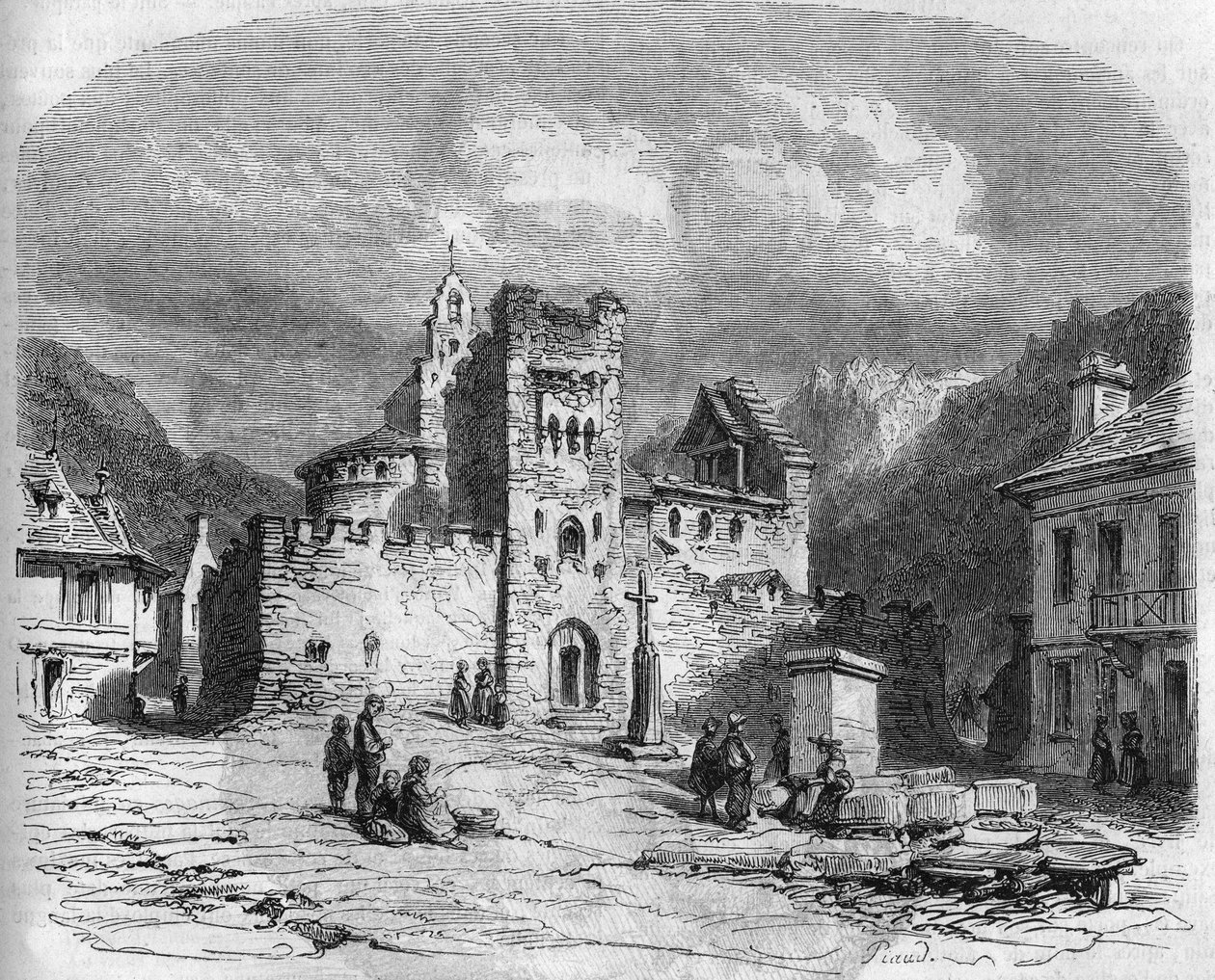 Utvendig utsikt over kirken Saint Andre (templerkirken), befestet på 1300-tallet. Luz saint savior (Luz-Saint-Sauveur), Hautes Pyrennees (65) av French School