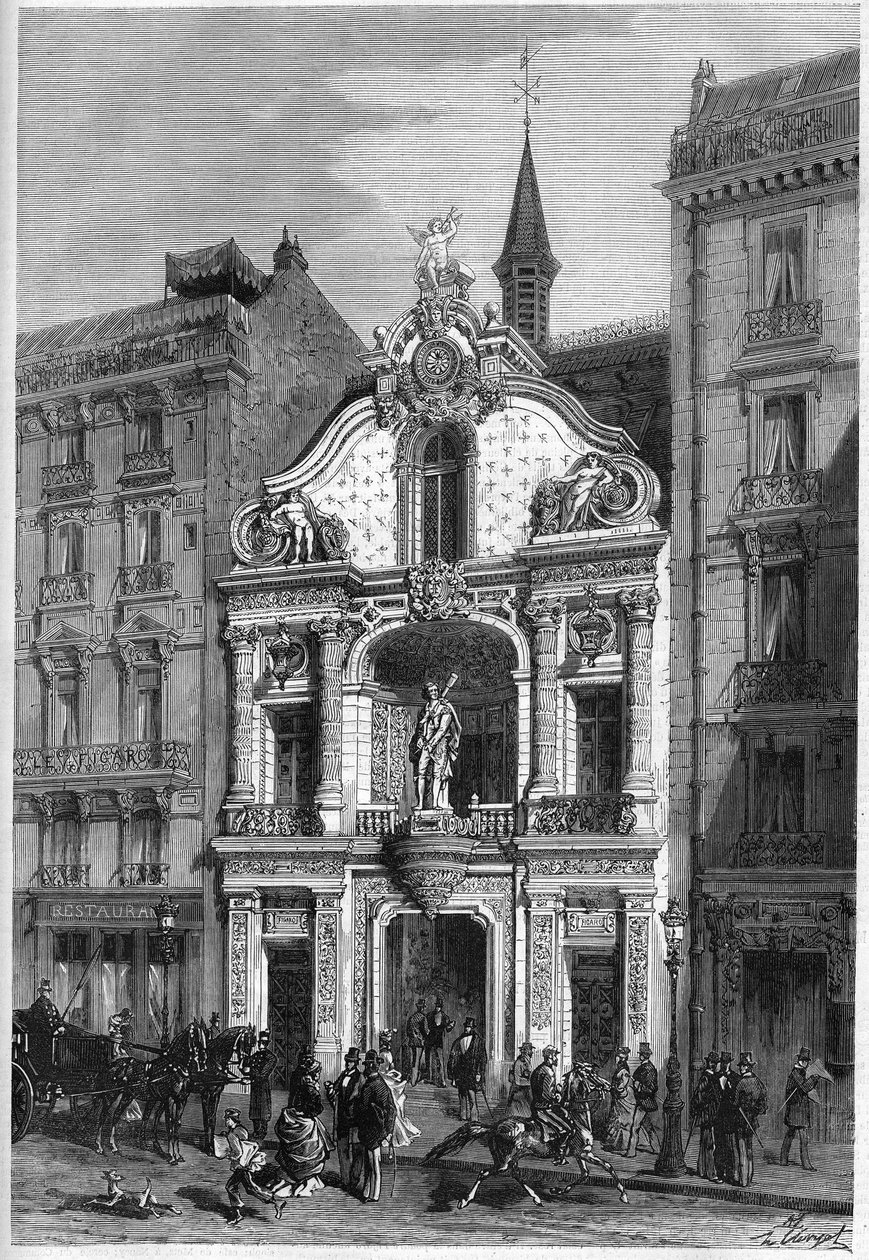 Utvendig utsikt over hotellet til avisen "" Le Figaro"" i Paris på 26, rue Drouot. Gravering i "" Le Monde Illustré"" nr. 888 av 18. april 1874. av French School