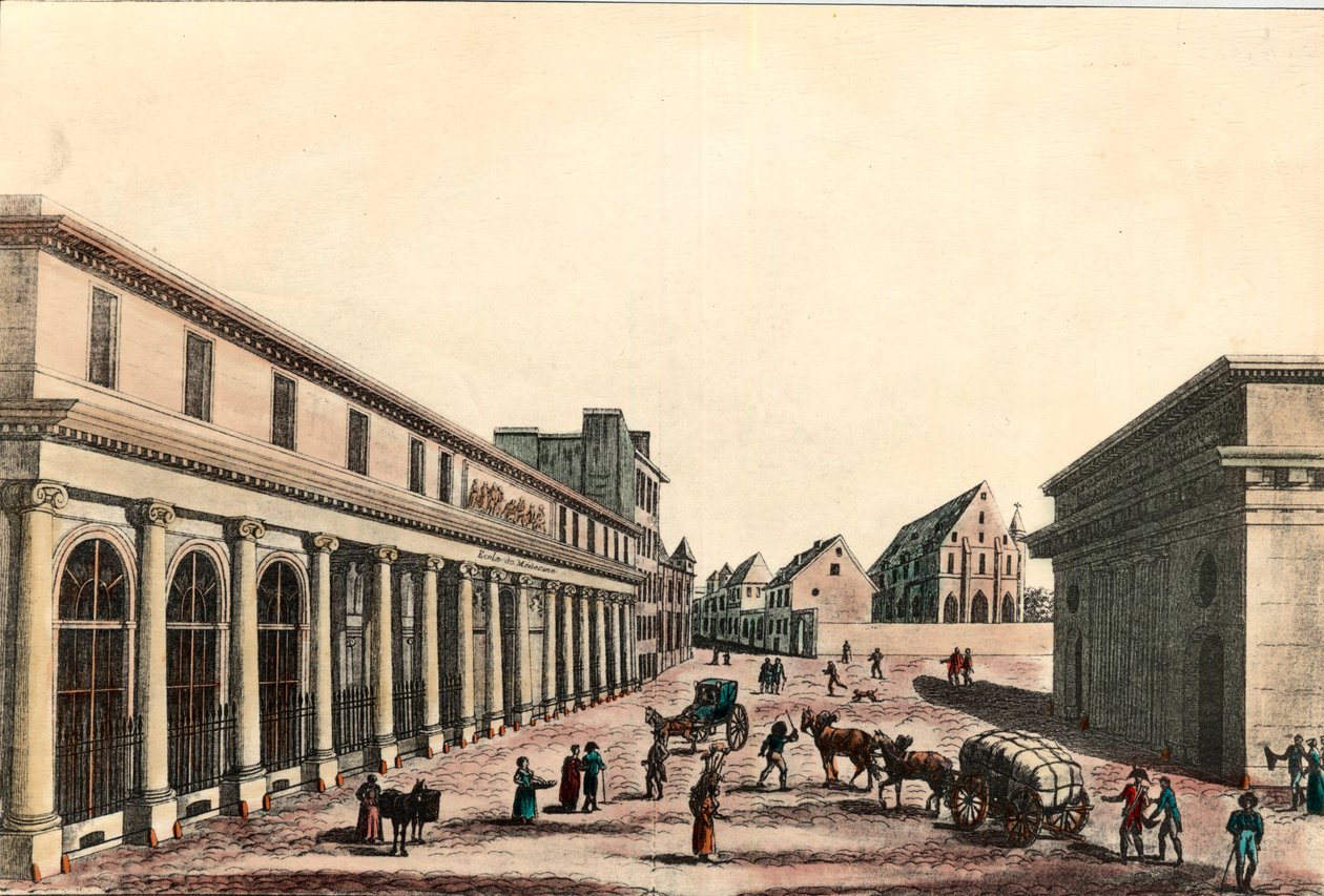 Utvendig utsikt over medisinstudiet i Paris under konsulatet (1799-1804). Gravering av 1800-tallet. Privat samling. av French School