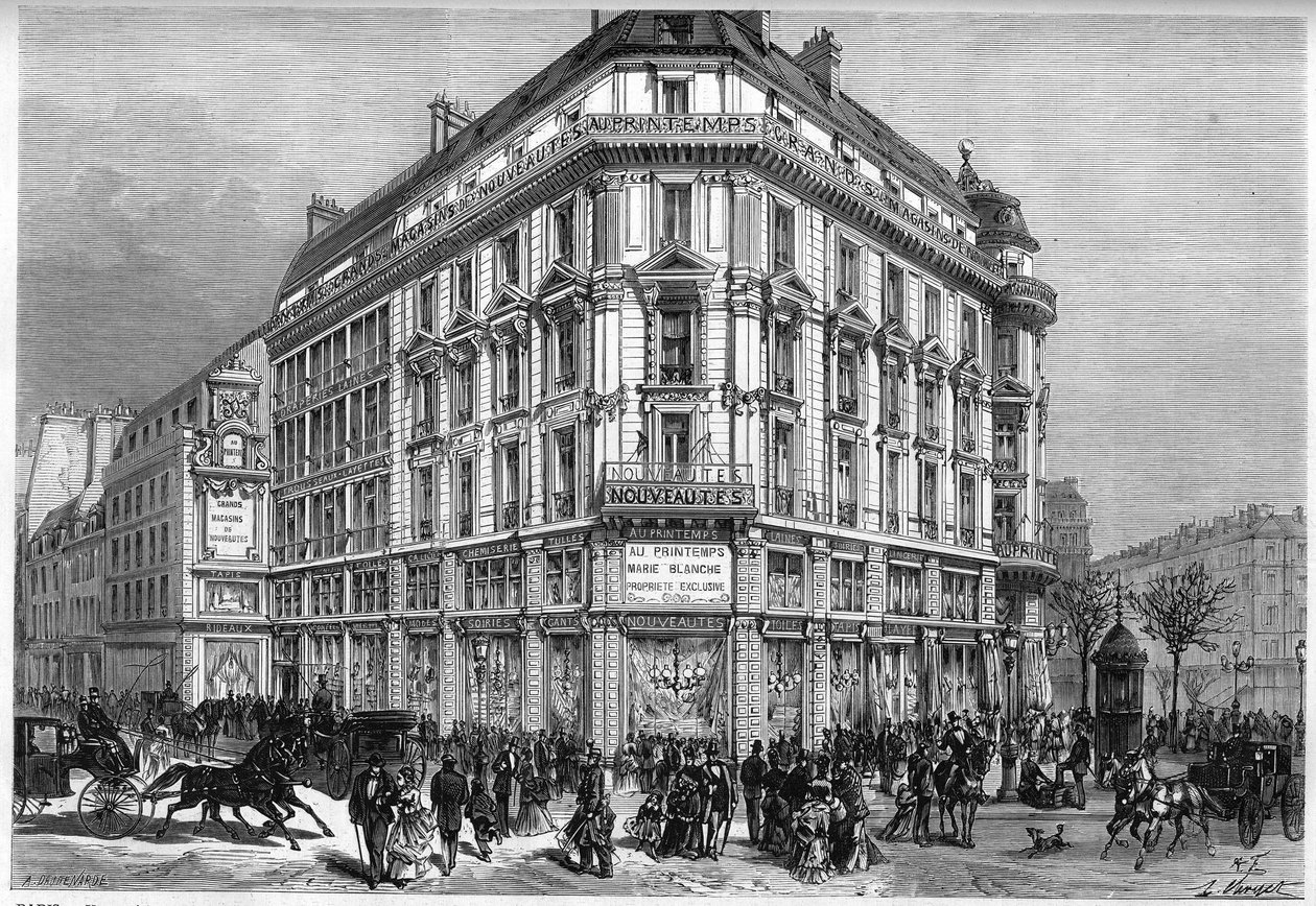 Utvendig visning av de nye Printemps-butikkene i Paris, på dagen for innvielsen av «Wien Elevators» i 1874. Gravering i «» Le Monde Illustré”” nr. 885 av 28. mars 1874. av French School
