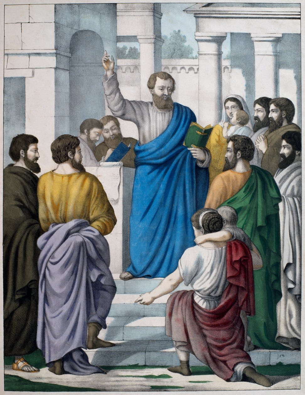 Ezra leser Moselovens bok, illustrasjon fra en katekisme LHistoire Sainte, utgitt av Charles Delagrave, Paris, sent på 1800-tallet av French School