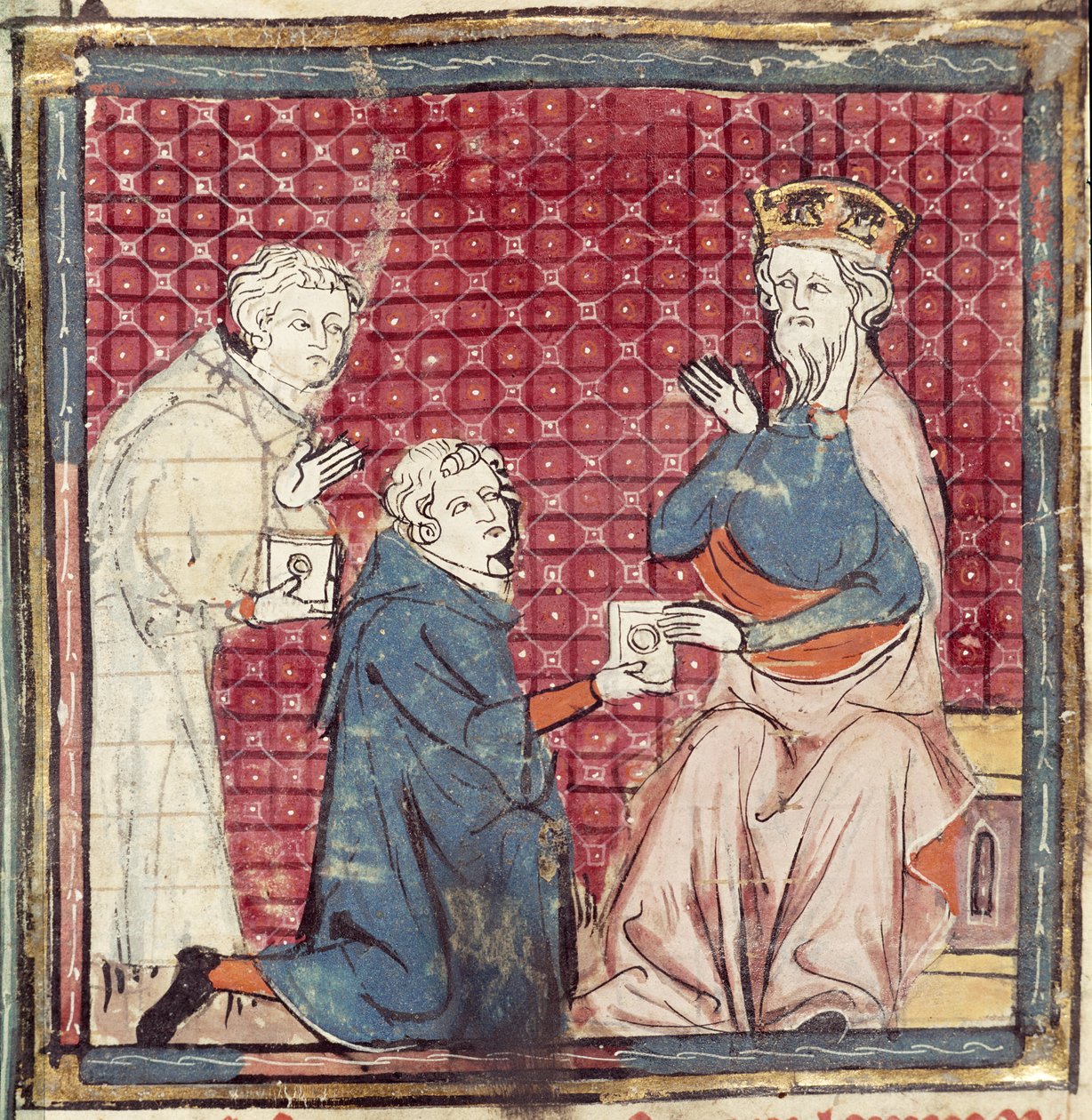 F.117r Messengers som forteller Karl den Store om seieren over saracenerne, fra Grandes Chroniques de France, 1375-79 av French School