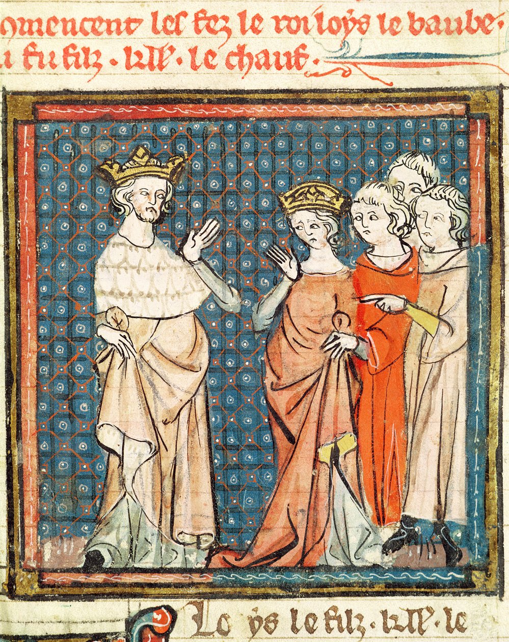 F.180r Ekteskapet til Ludvig II (846-79) Stammereren og Adelaide av Frioul, dronning av Aquitaine, fra Grandes Chroniques de France 1375-79 av French School