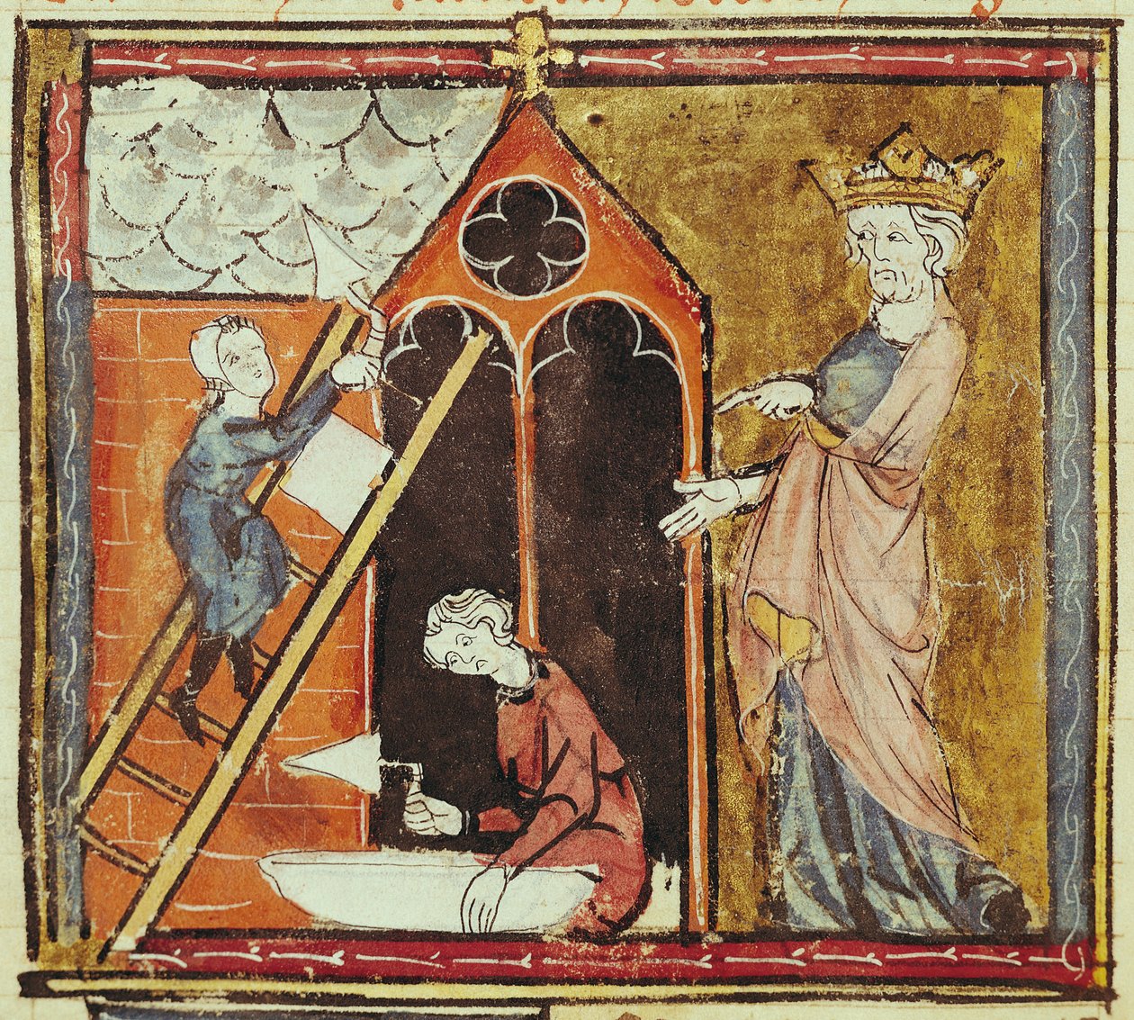 F.235v Kong Ludvig VI (1080-1137) Ser på byggingen av en kirke, fra Grandes Chroniques de France 1375-79 av French School