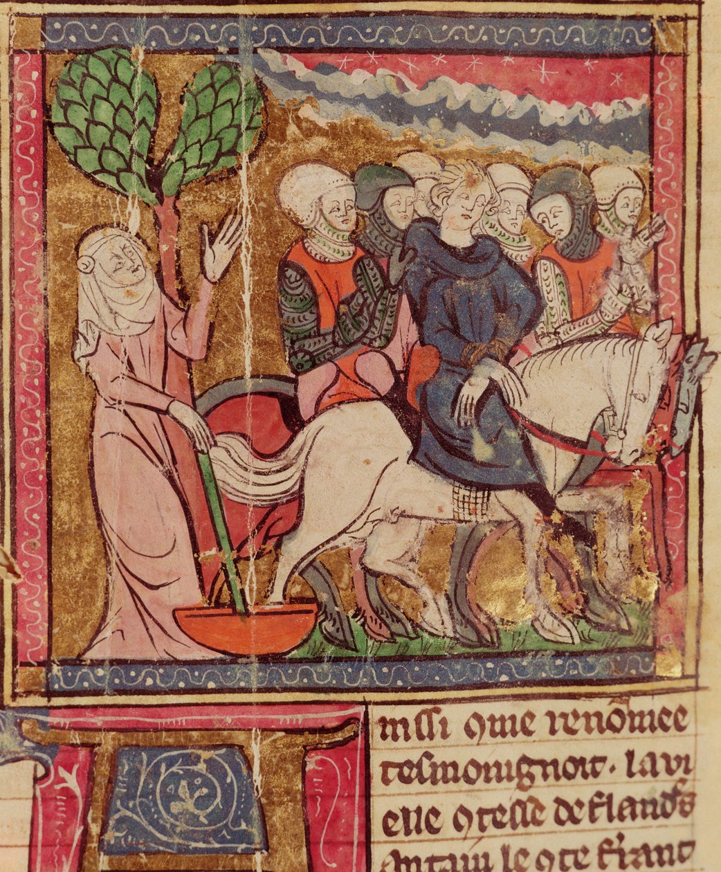 F.288r Ferdinand av Portugal (1186-1233) Greve av Flandern tatt som fange til Paris etter slaget ved Bouvines, 27. juli 1214, Grandes Chroniques de France, 1375-79 av French School