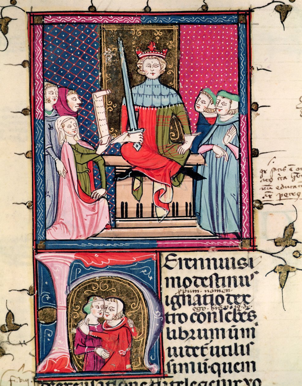 F.39r Conjugal Law, en utro kone som møter i retten, fra Justiniani i Fortiatum av French School