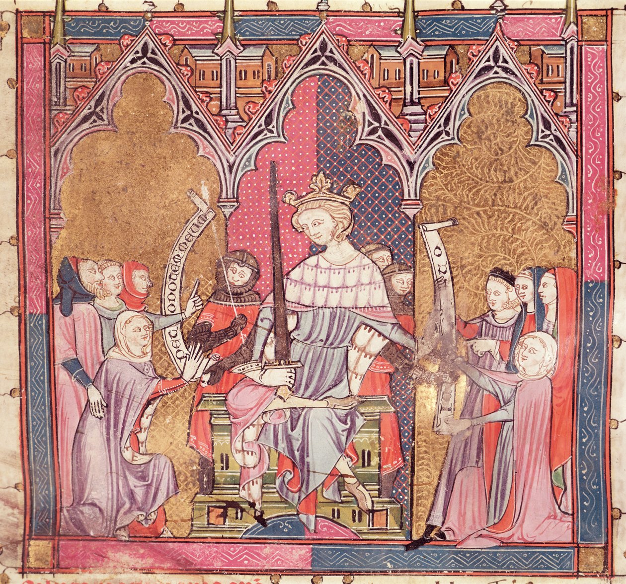 F.3r The King Administering Justice, fra Justiniani i Fortiatum av French School