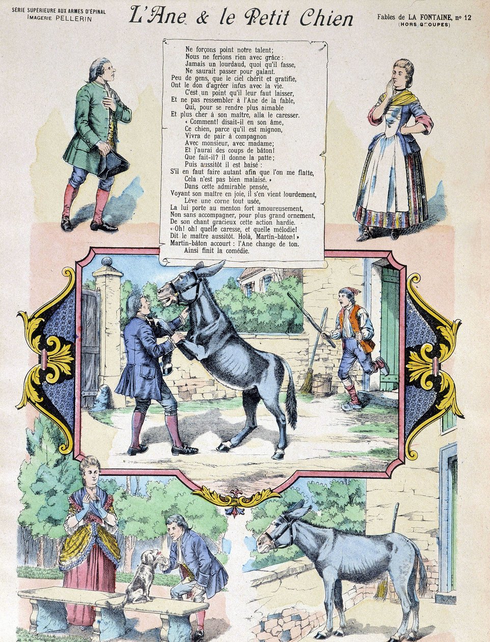 Fable de La Fontaine "Eselet og den lille hunden". Bilde av Epinal-Pellerin av French School