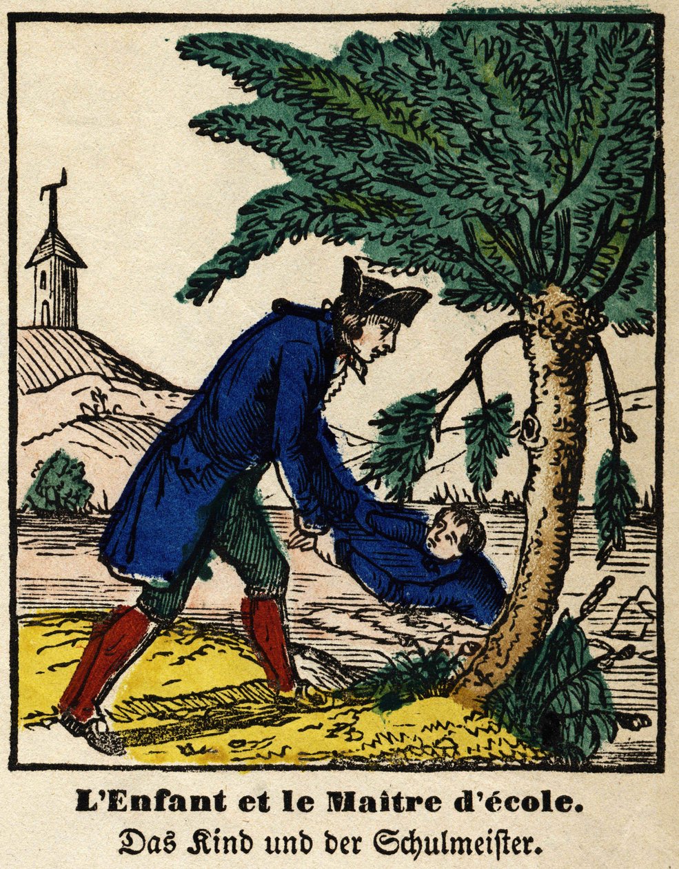 Fables de La Fontaine: barnet og skolemesteren. Bilde av Epinal, første halvdel av 1800-tallet av French School