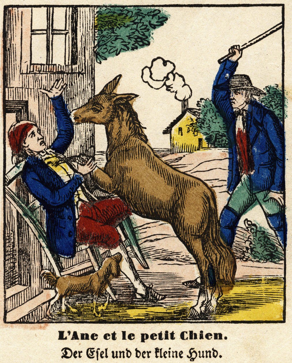 Fables of La Fontaine: eselet og den lille hunden. Bilde av Epinal, første halvdel av 1800-tallet av French School