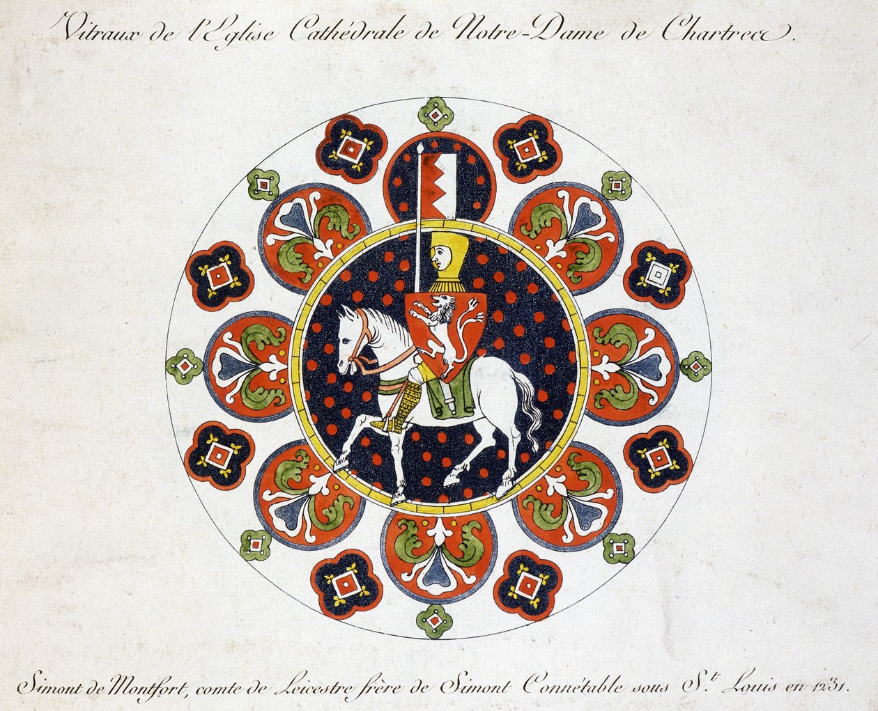 Fac-lignelse fra et glassmaleri i kirken Vår Frue av Chartres: Simont de Montfort, greve av Leicestre, bror til Simont Conétable under Saint Louis i 1231. av French School