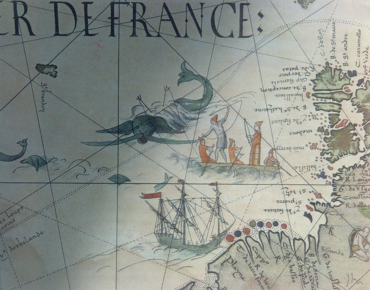 Facsmile of Whaling and Isle of Saint Brandon, detalj fra et portolan-kart av Pierre Desceliers, 1546, publisert i Monuments de la Geographie av Edme Francois Jomard (1777-1862) av French School