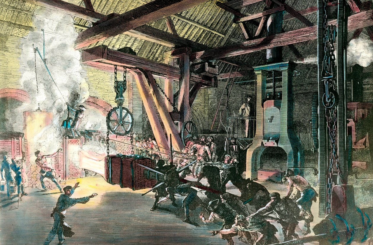 Fabrikk: “” Le hamteau trommeslager (hammer-trommeslager) des forges du Creusot i 1865”” Gravering rundt 1865. Privat samling av French School