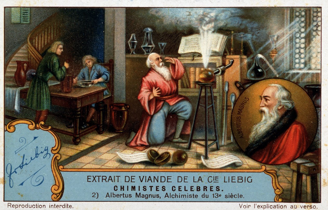Kjente kjemikere: Albrecht von Bollstadt kjent som Albert den store eller Albertus Magnus (1206 - 1280), dominikansk bror, tysk kjemiker og alkymistprofessor av Thomas Aquinas kan representeres som en lærling på bildet av French School