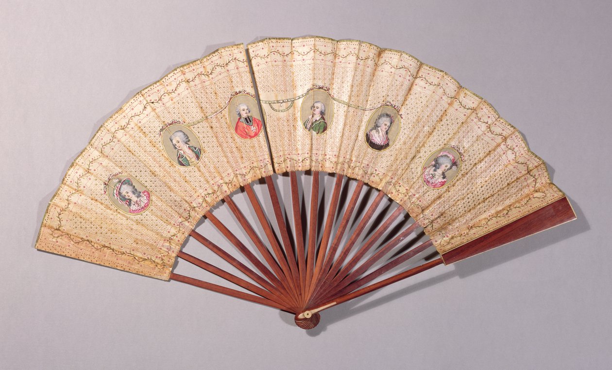 Fan som skildrer karakterer involvert i Affaire du Collier, 1786 (wc på papir) av French School