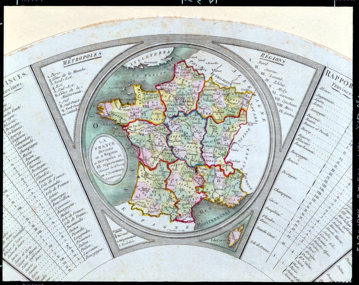 Vifte som viser kartet over Frankrike som delt inn i 9 regioner, 10 metropoler og 83 avdelinger, 1790 av French School