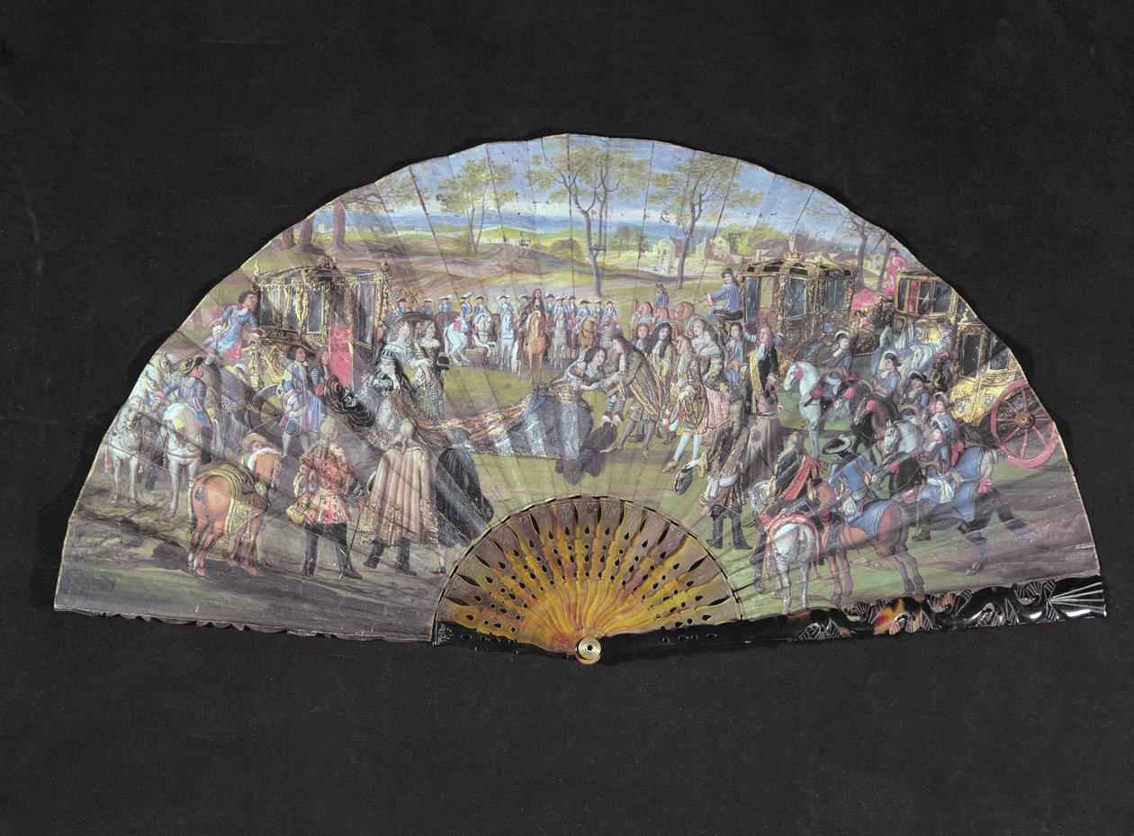 Fan som skildrer ekteskapet til Louis av Frankrike (1638-1715) og Marie-Anne de Baviere (1660-90) i Vitry-le-Francois i 1680 (wc på papir) av French School
