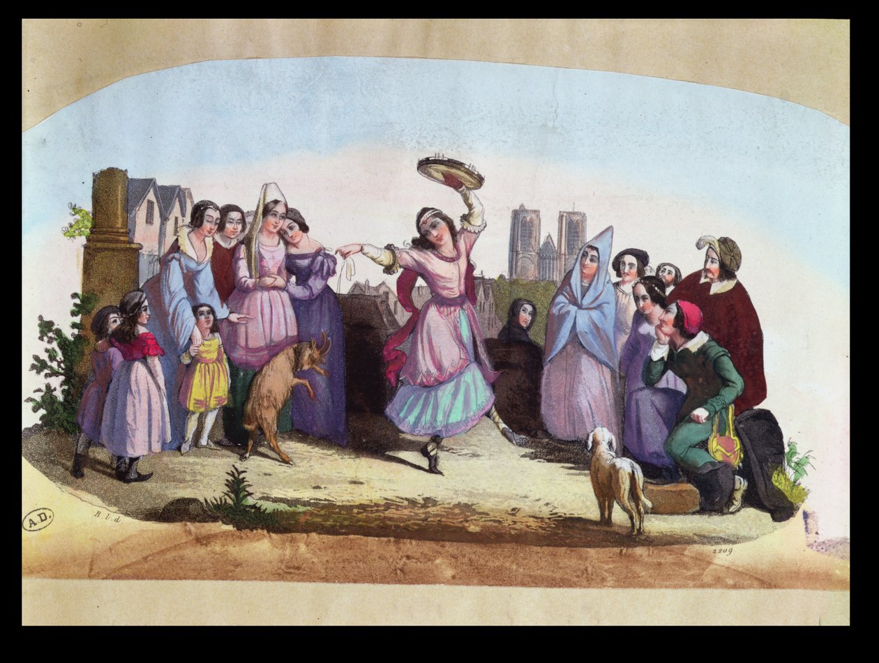 Viftedesign som viser en scene fra La Esmeralda, en opera av Louise-Angelique Bertin (1805-77) etter romanen av Victor Hugo (1802-85) ca. 1836 av French School