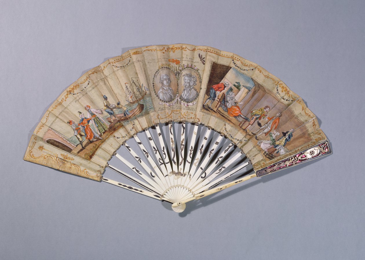 Vifte med illustrasjoner fra grevinnen av Cagliostro, ca. 1786 (gouache på papir og elfenben) av French School