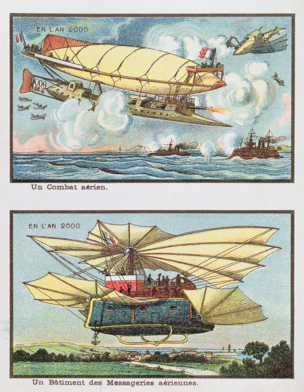 Fantasiskildringer av et luftslag og av et fly for godstransport i år 2000, ca. 1910 av French School
