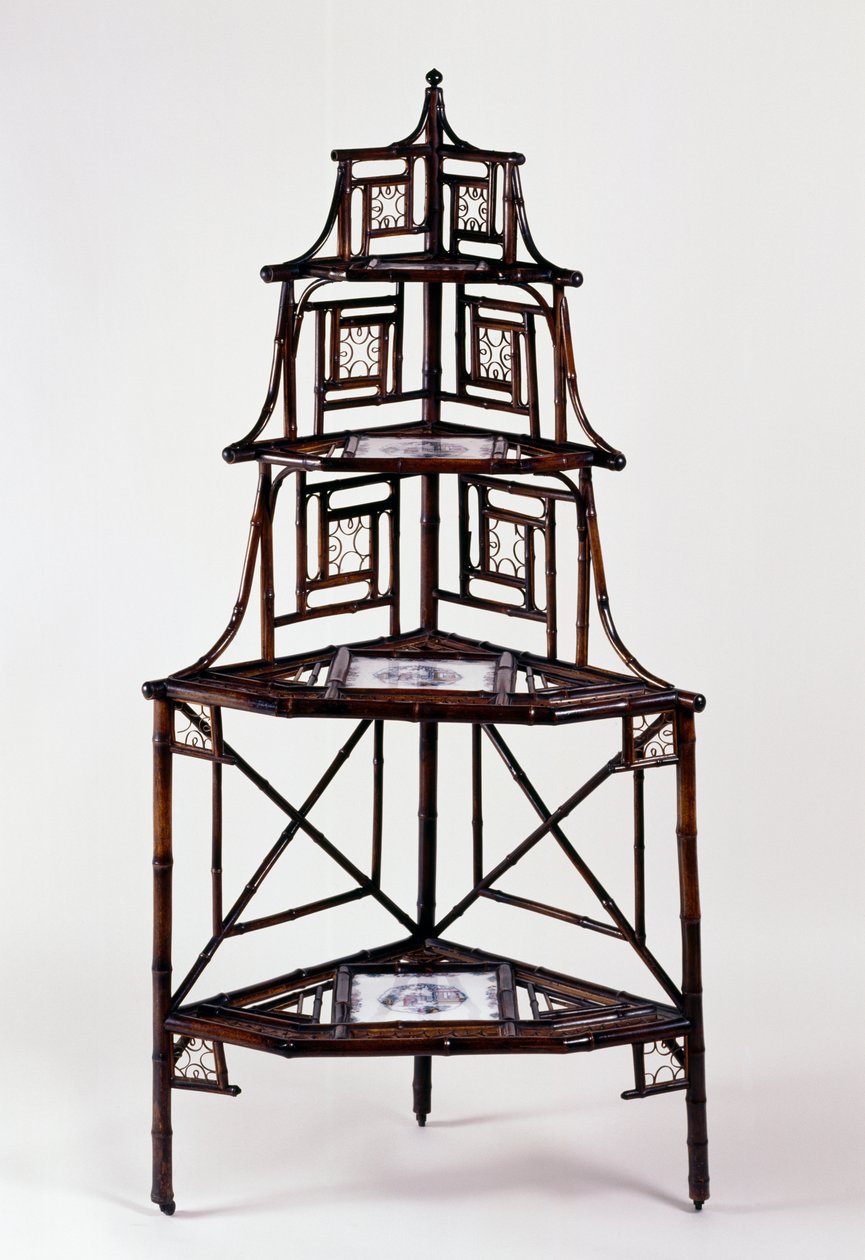 Fjernøsten-stil Second Empire (Napoleon III) bambus hjørne etagere plantestativ med franske majolica fliser og fire lag, 2. halvdel av 1800-tallet, Frankrike av French School