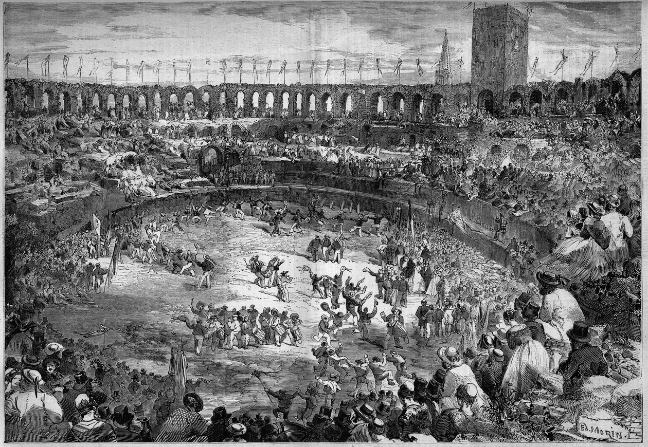 Farandole danset på arenaen i Arles (Bouches du Rhone av French School