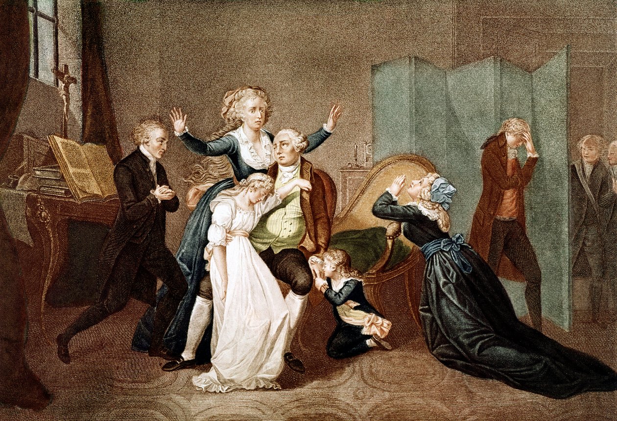 Farvel til Louis XVI av hans familie i tempelet, 20. januar 1793 - Det siste intervjuet av Louis XVI med familien hans (Marie Antoinette og deres barn Marie Therese eller Madame Royale (1778-1851) og Louis XVII (1785-1795), kvelden før henrettelsen hans i  av French School