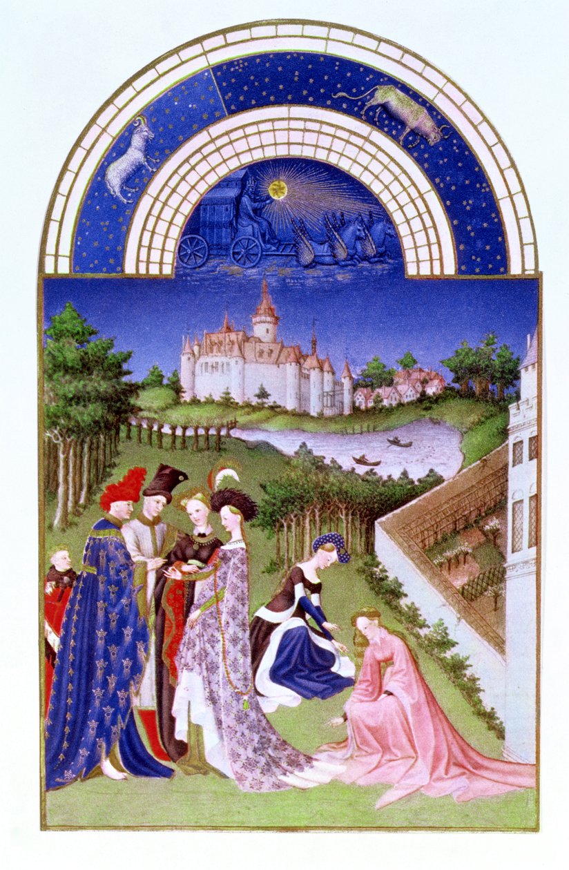 Faksimile av april: høviske skikkelser på slottsområdet av Limbourg-brødrene, fra Tres Riches Heures du Duc de Berry (for original se 8436) av French School