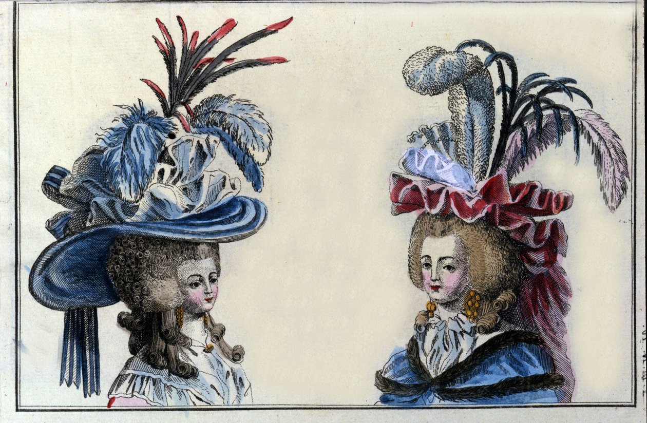 Mote 1700-tallet: frisyre og hatter til franske kvinner rundt 1787. av French School