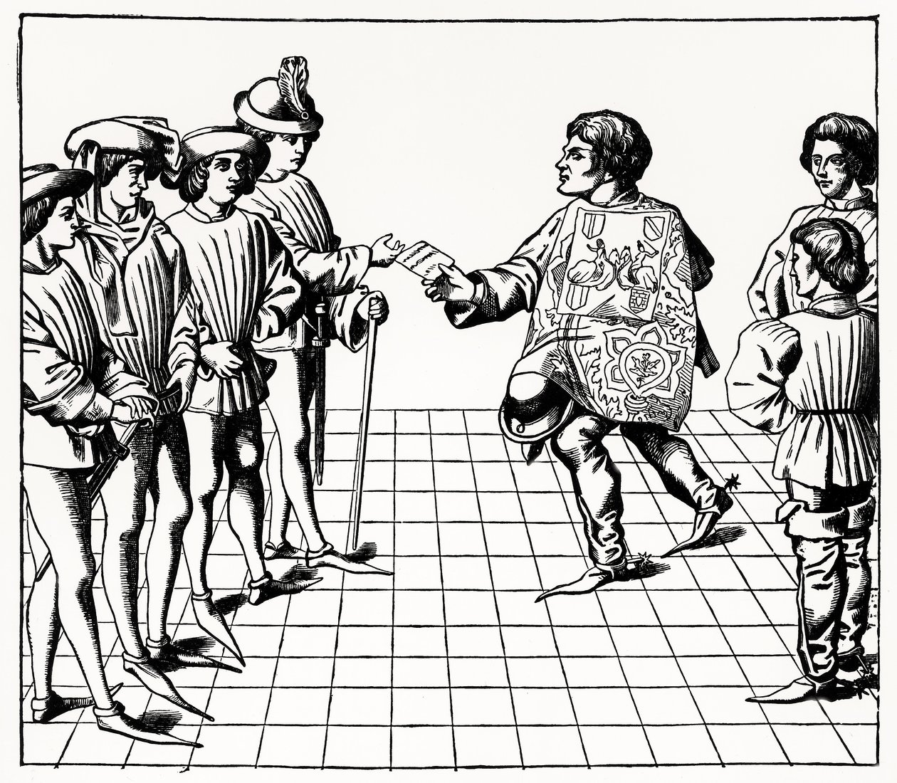 Fashion and Manner of the King of Arms, fra Tournois du roy Rene, illustrasjon fra Science and Literature in the Middle Ages and Renaissance, skrevet og gravert av Paul Lacroix, 1878 (gravin av French School