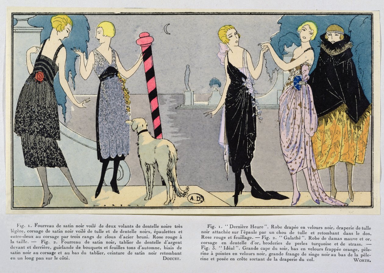 Motedesign av Jacques Doucet (1853-1929) og House of Worth fra Les Elegances Parisiennes, vinteren 1920-21 av French School