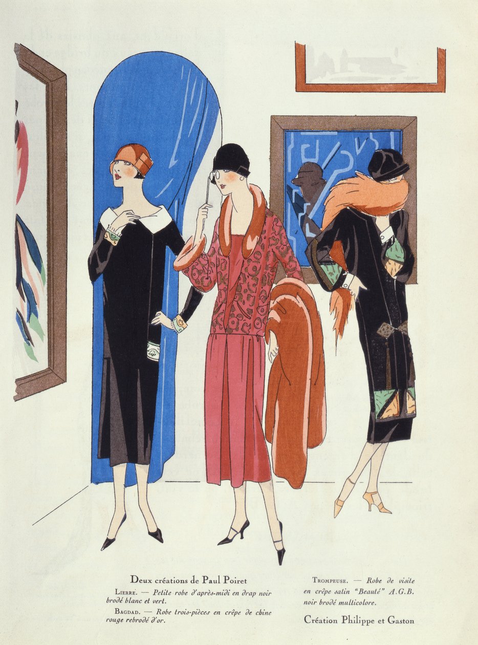 Motedesign for besøkende til kunstgallerier av Paul Poiret og Philippe et Gaston, fra magasinet Art, Gout, Beaute, 1925 av French School