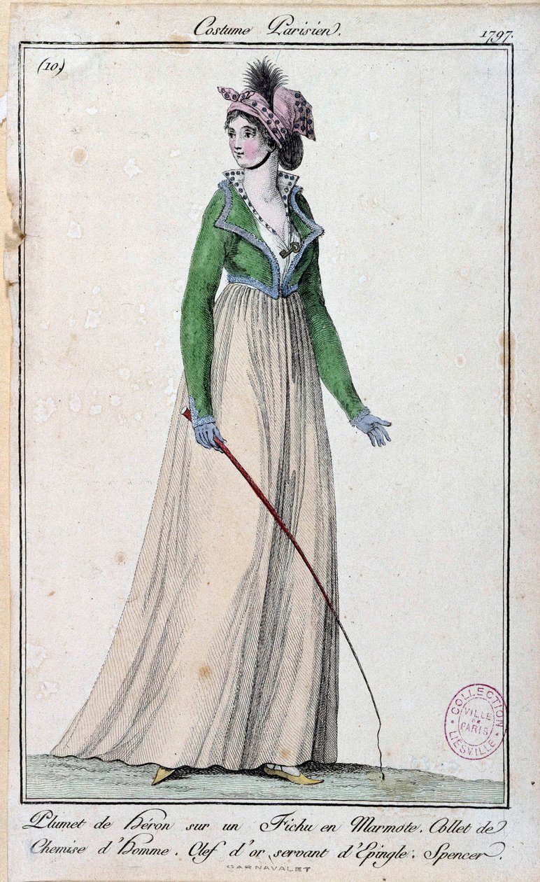 Feminin mote under Directoire: en ung parisisk elegante kledd i en hegrefjær på en murmeldyr, en krage på en mannsskjorte og en gylden nøkkel som fungerer som en nål. 1797 Paris, musee du costume av French School
