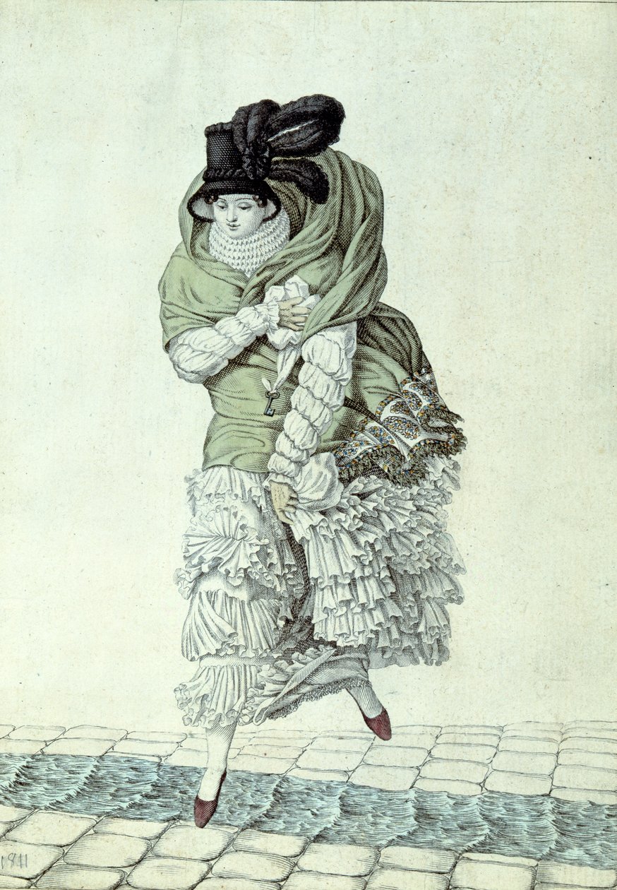 Moteplate som viser en dame som krysser en kloakkbekk, 1811 (fargegravering) av French School