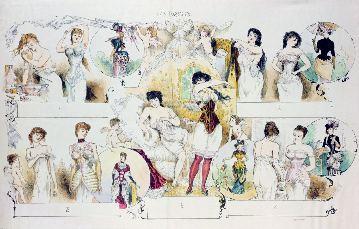 Moteplate for La Vie Parisienne som viser korsetter, ca. 1870 (fargegravering) av French School