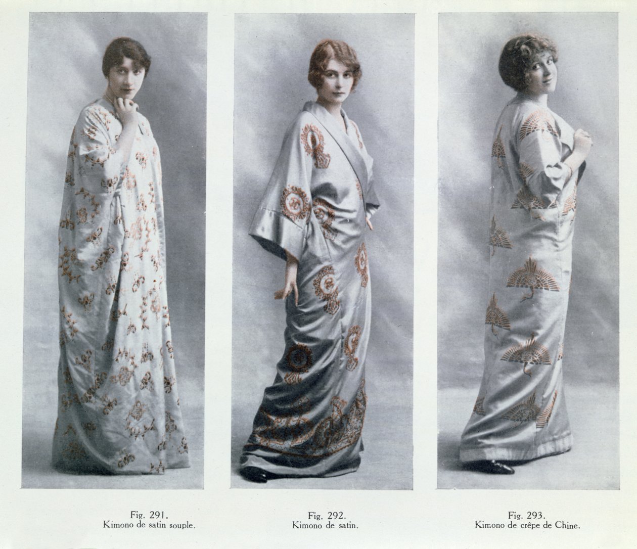 Moteplater som viser design for kimonoer, illustrasjoner fra Le Jardin des Modes Nouvelles, 15. april, 1913 av French School