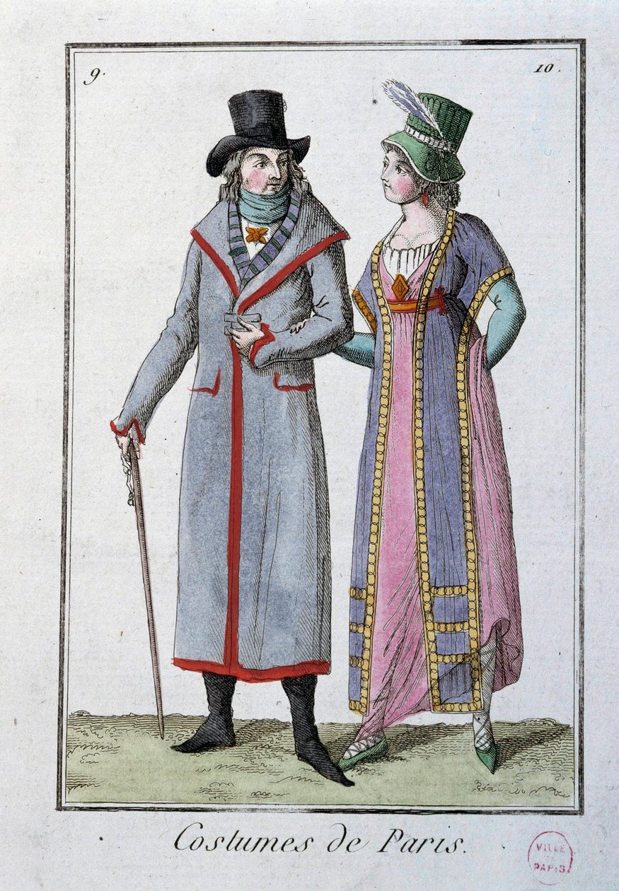 Mote under Directoire: et par elegante parisere. Anonym litografi av 1795. Paris, draktmuseum av French School
