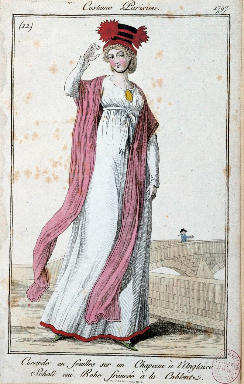 Mote under Directoire: elegant ung kvinne iført parisisk dress: cocarde i laken på engelsk hatt, kjole rynket med coblentz. Anonym gravering. 1797 Paris, Musee du costume av French School