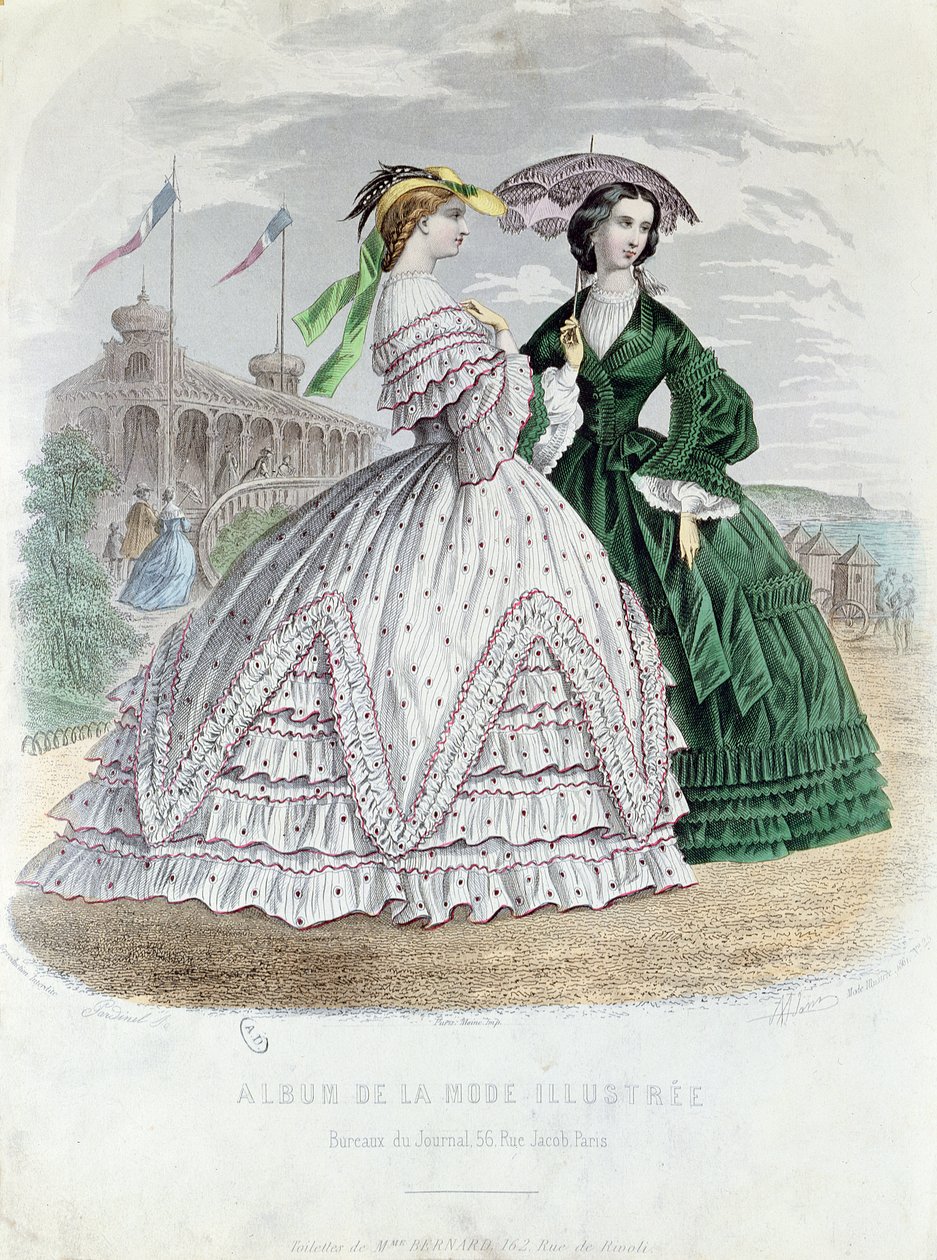 Fasjonable parisiske damer ved havet, 1861 (fargegravering) av French School