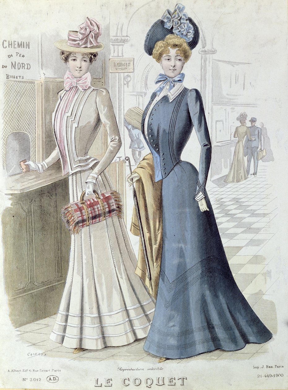 Fasjonable damer ved billettkontoret til Gare du Nord i Paris, ca. 1900 av French School