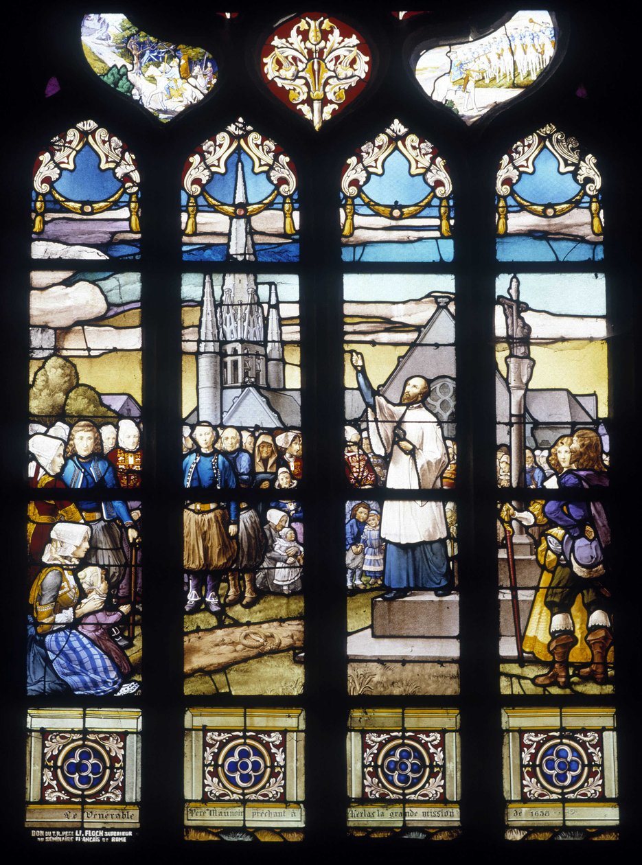Fader Maunoir forkynte i Kerlas det store oppdraget i 1658 - glassmalerier i St Germain-kirken i Kerlaz av French School